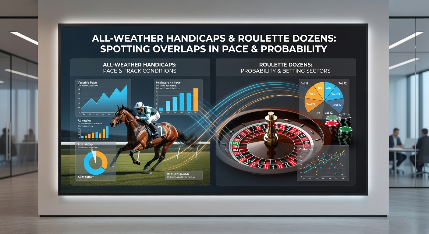 Roulette table close-up on dozen bets with chips stacked, beside pace map from all-weather handicap race