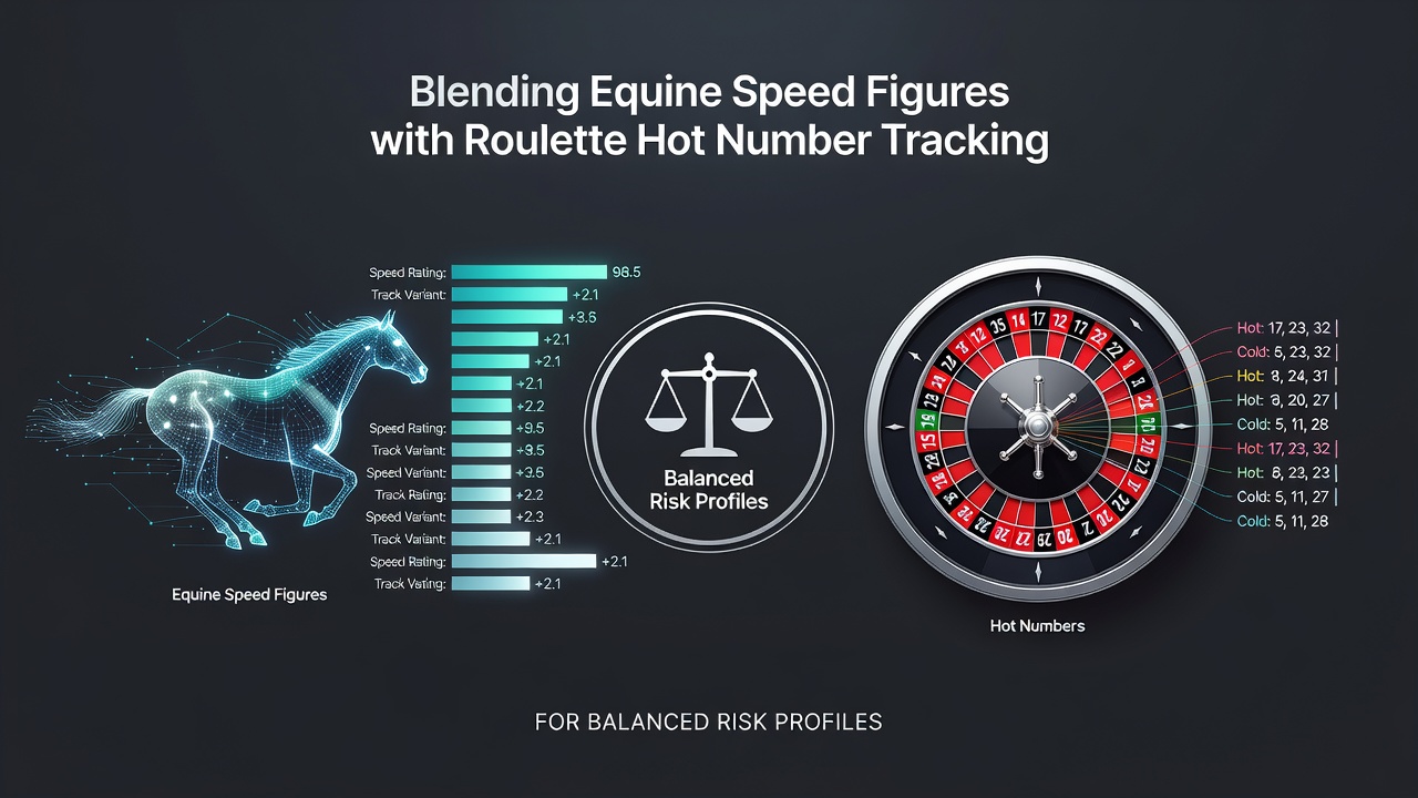 Illustration of a diversified betting dashboard displaying equine metrics merged with roulette frequency data for risk balancing