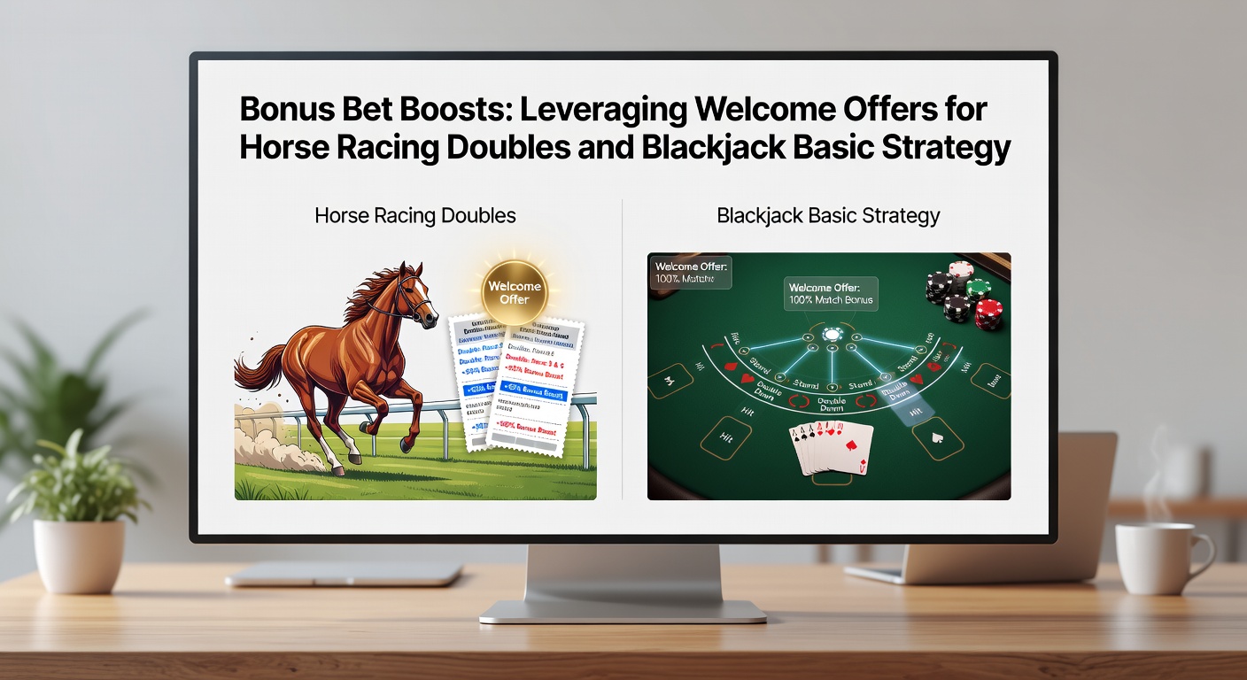 Blackjack table setup next to a horse racing betting slip, highlighting strategy charts and bonus multipliers