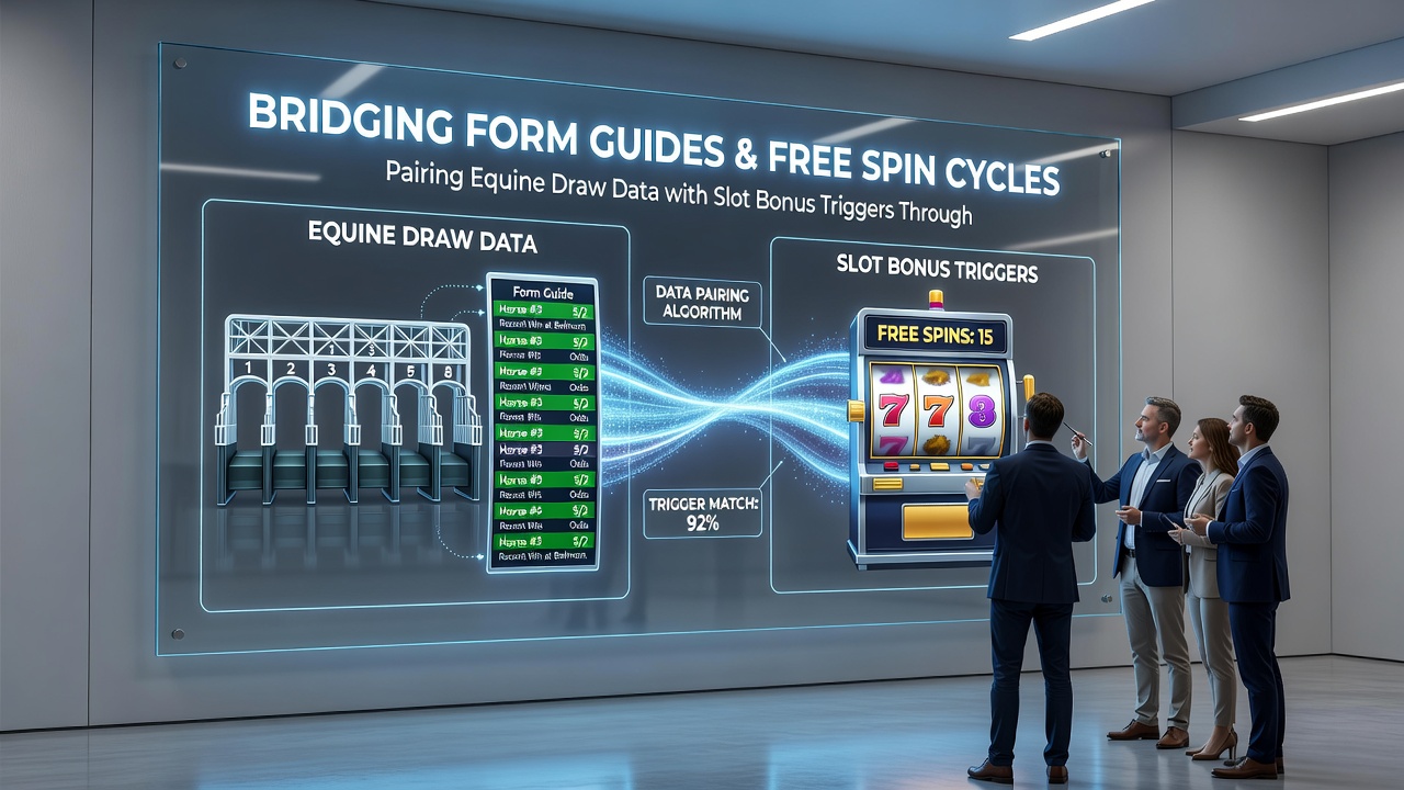 Split image showing horse racing form guide next to slot machine bonus round interface