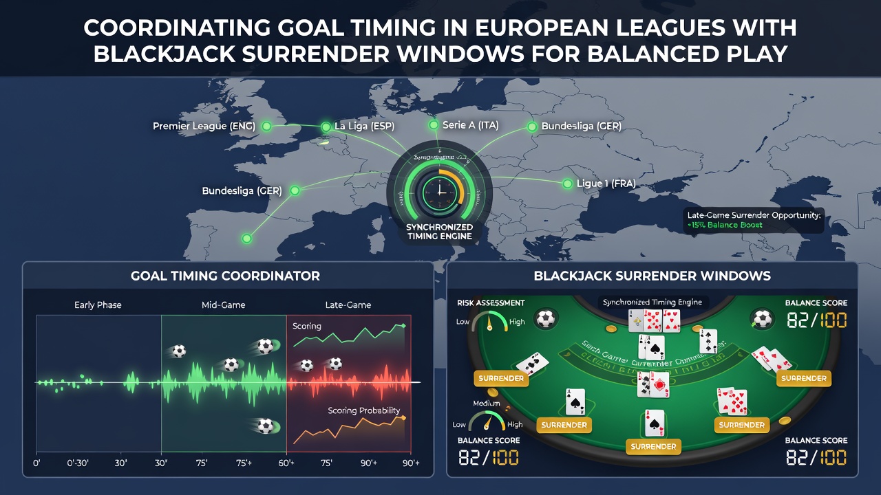 Blackjack table setup with digital overlays displaying live European league match timing statistics