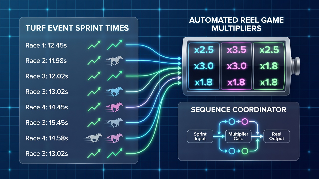 Screenshot of software interface displaying synchronized sprint timing data alongside live reel multiplier progression