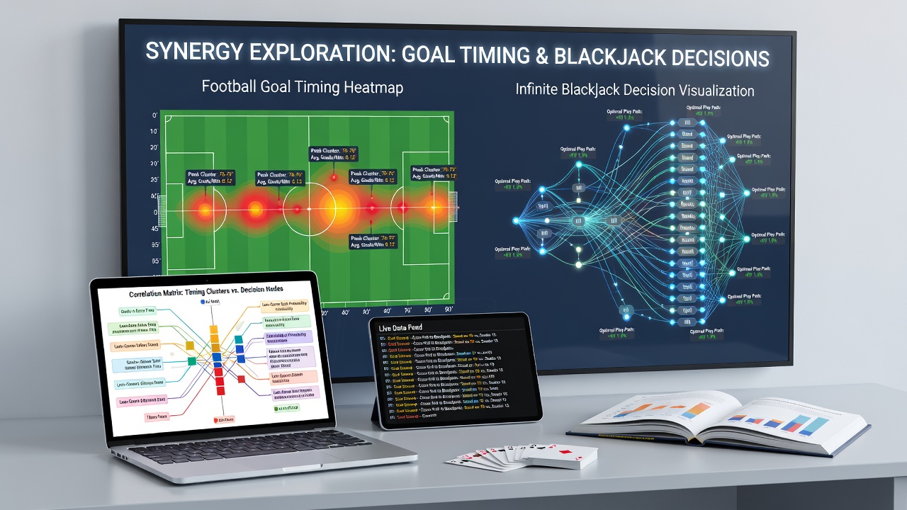 Side-by-side visualization of goal timing heatmaps next to infinite blackjack probability trees with highlighted synergy nodes