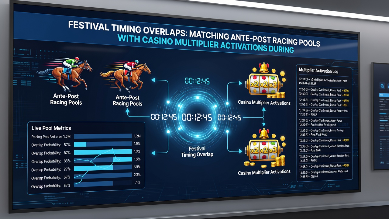 Split-screen view of a horse racing tote board next to a casino slot interface showing an active multiplier round