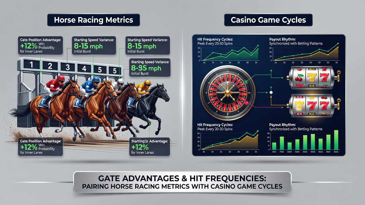 Casino roulette wheel and slot machines with horse racing post position charts displayed on digital screens