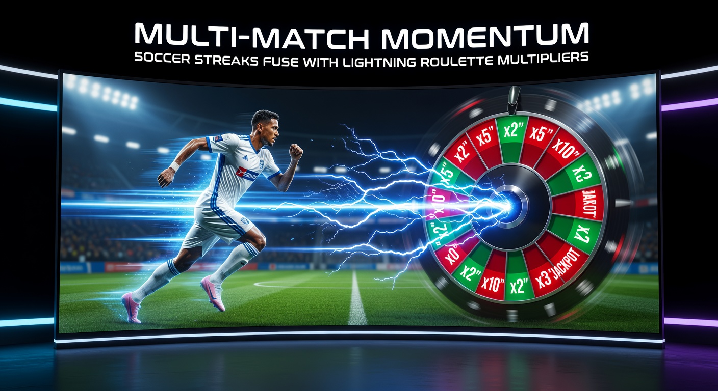 Close-up of Lightning Roulette table with multiplier lightning effects merged with soccer match highlights on a split screen