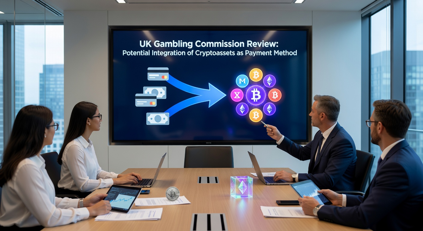 Digital artwork depicting a balance scale with cryptocurrency coins on one side and UK gambling license badges on the other, symbolizing regulatory review and safeguards
