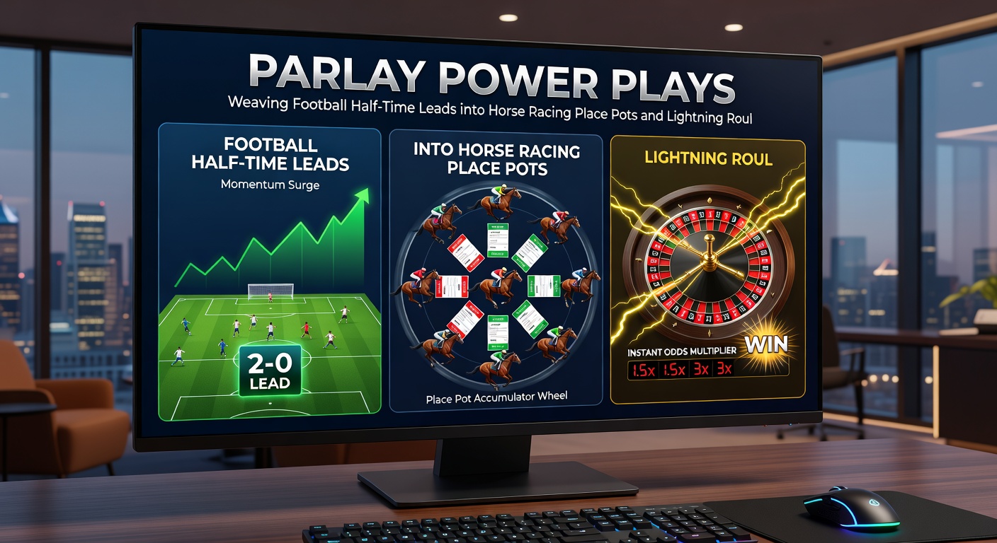 Close-up of a vibrant Lightning Roulette table with glowing multipliers striking numbers, overlaid with football pitch and racecourse icons representing parlay integration