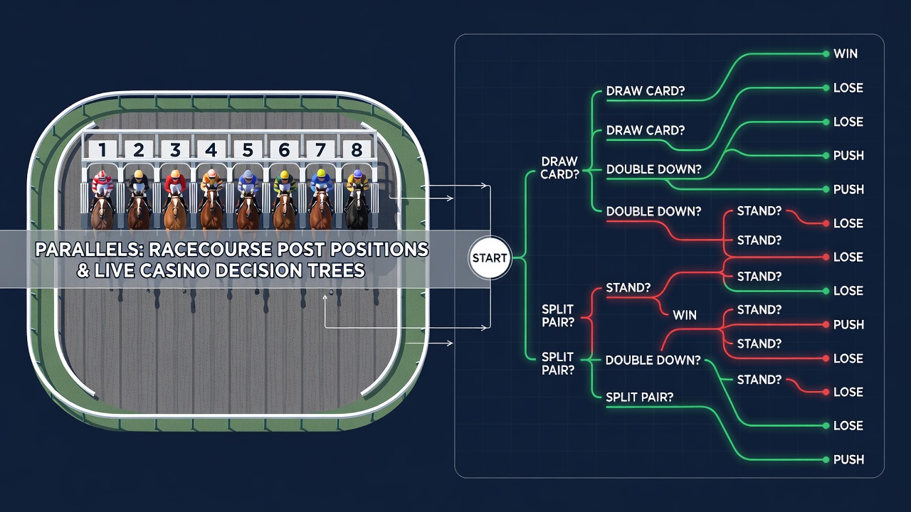 Live casino blackjack table with decision pathways illustrated through player actions and dealer cards