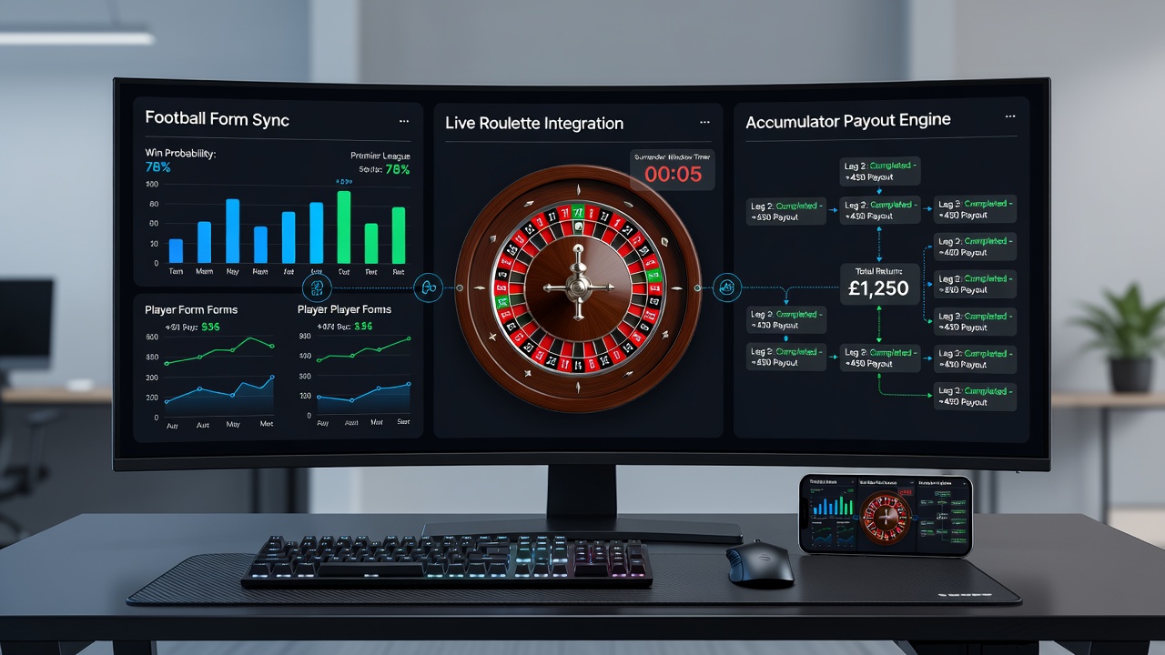 Accumulator payout calculator interface connected to football statistics and roulette table timing displays